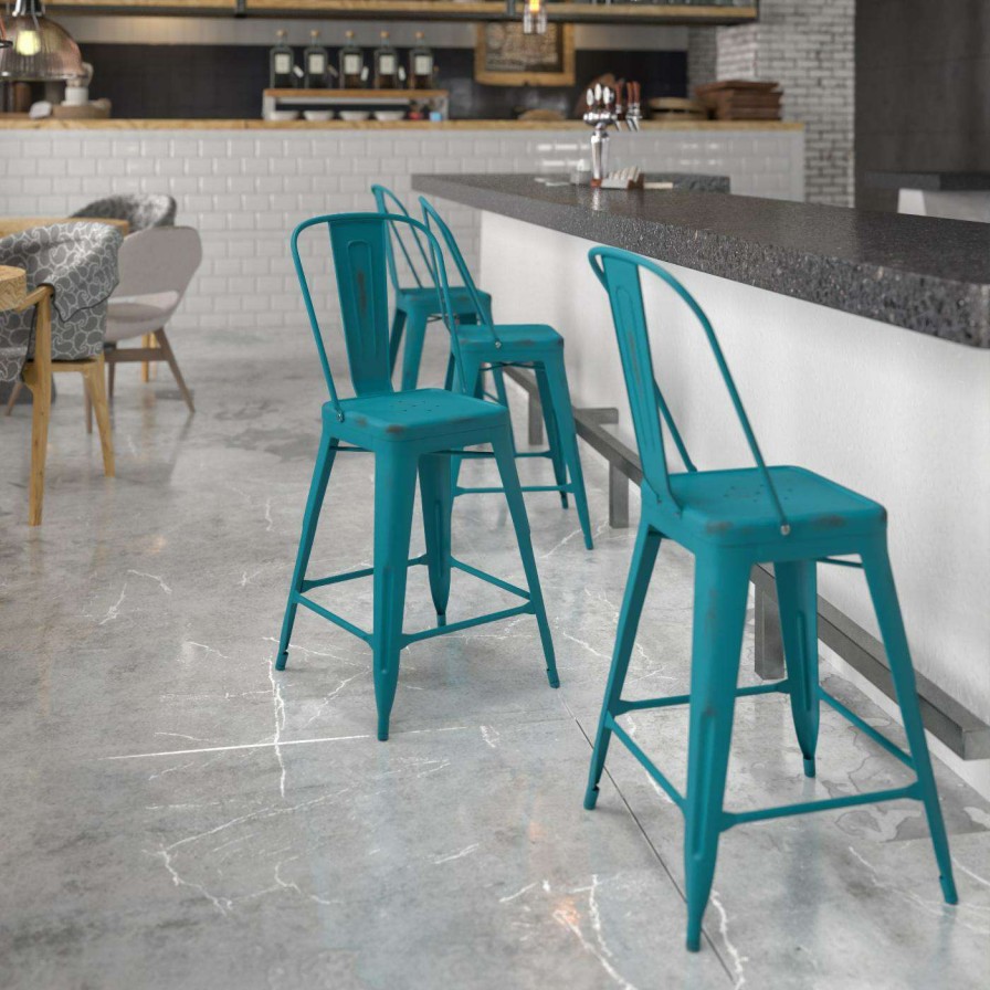 Bar Stools * | Brand New Counter Height Stools Flash Furniture 24 In. Distressed Metal Indoor-Outdoor Counter Height Stool With Splat Back