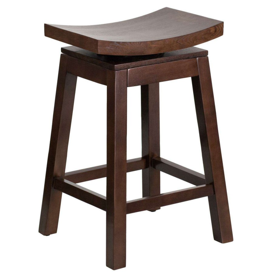 Bar Stools * | Brand New Counter Height Stools Flash Furniture 26 In. Saddle Seat Counter Height Stool With Auto Swivel Return Cappuccino