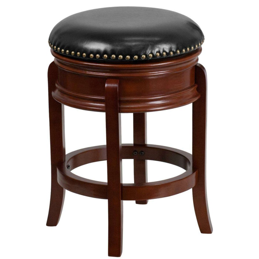 Bar Stools * | Budget Counter Height Stools Flash Furniture 24 In. Round Backless Light Cherry Counter Height Stool With Wide Apron Black Leather Swivel Seat