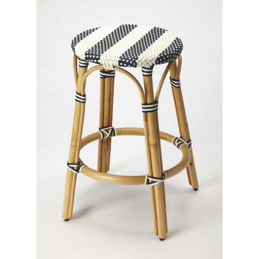 Bar Stools * | Coupon Counter Height Stools Butler Specialty Tobias Striped 24 In. Rattan Counter Stool