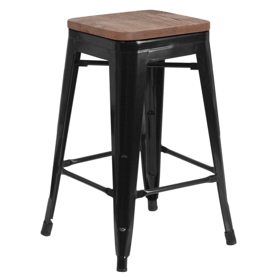 Bar Stools * | Hot Sale Counter Height Stools Flash Furniture Metal Backless 24 In. Wooden Seat Counter Stool