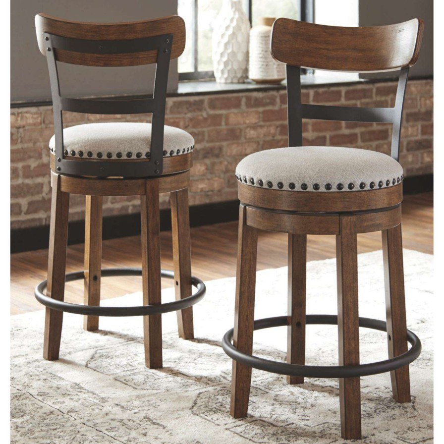 Bar Stools * | Best Reviews Of Counter Height Stools Signature Design By Ashley Valebeck 24 In. Ladder Back Nailhead Trim Swivel Counter Stool Set Of 2