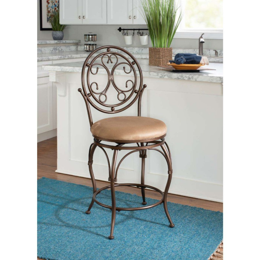 Bar Stools * | Best Deal Counter Height Stools Powell Scroll Circle Back Big & Tall 24 In. Swivel Counter Stool Warm Bronze With Warm Tan Microsuede