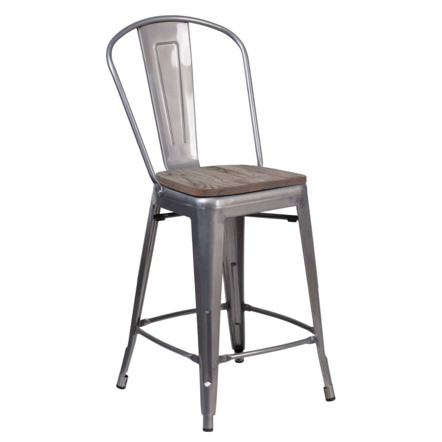 Bar Stools * | Outlet Counter Height Stools Flash Furniture Industrial Splat Back 24 In. Wooden Seat Counter Stool