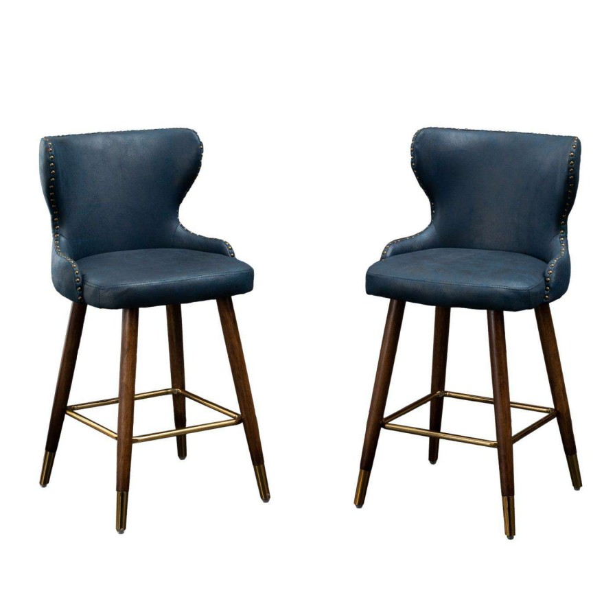 Counter Stools Sales * | Top 10 Counter Height Stools Roundhill Furniture Nevis Mid-Century Modern Faux Leather Tufted 24.5 In. Counter Stool Set Of 2 Blue