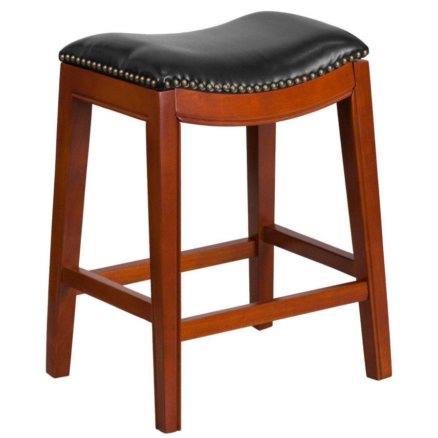 Bar Stools * | Best Deal Counter Height Stools Flash Furniture 26 In. Backless Wood Counter Height Stool With Black Leather Saddle Seat