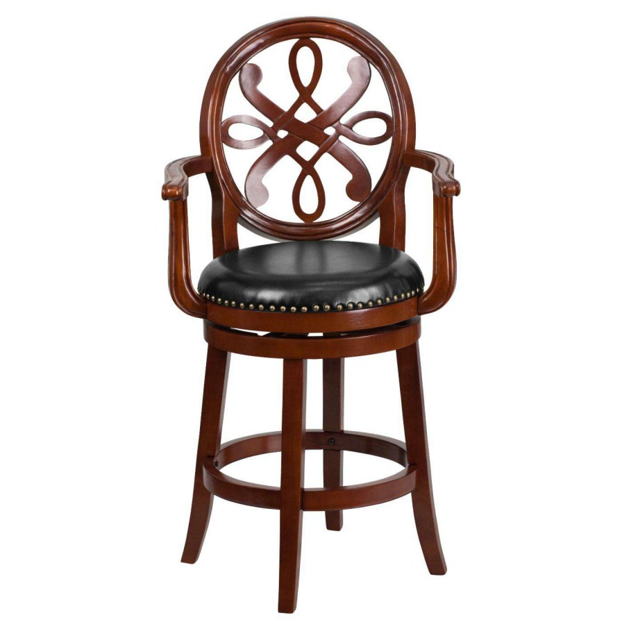 Bar Stools * | Brand New Counter Height Stools Flash Furniture 26 In. Round Decorative Back Cherry Counter Height Stool With Arms And Black Leather Swivel Seat