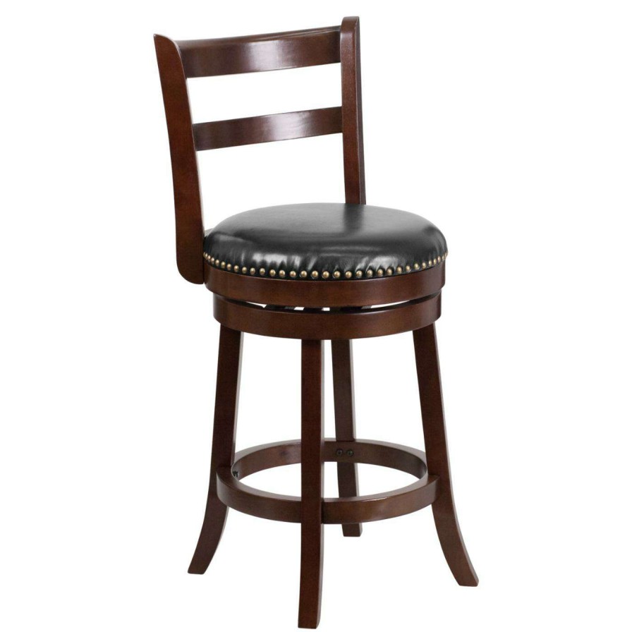 Bar Stools * | Budget Counter Height Stools Flash Furniture 26 In. Cappuccino Wood Counter Height Stool With Slat Back Black Leather Swivel Seat