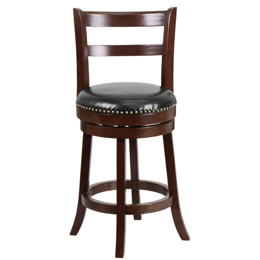 Bar Stools * | Budget Counter Height Stools Flash Furniture 26 In. Cappuccino Wood Counter Height Stool With Slat Back Black Leather Swivel Seat