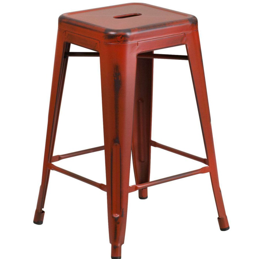 Bar Stools * | Best Reviews Of Counter Height Stools Flash Furniture 24 In. Square Backless Distressed Metal Indoor-Outdoor Counter Height Stool