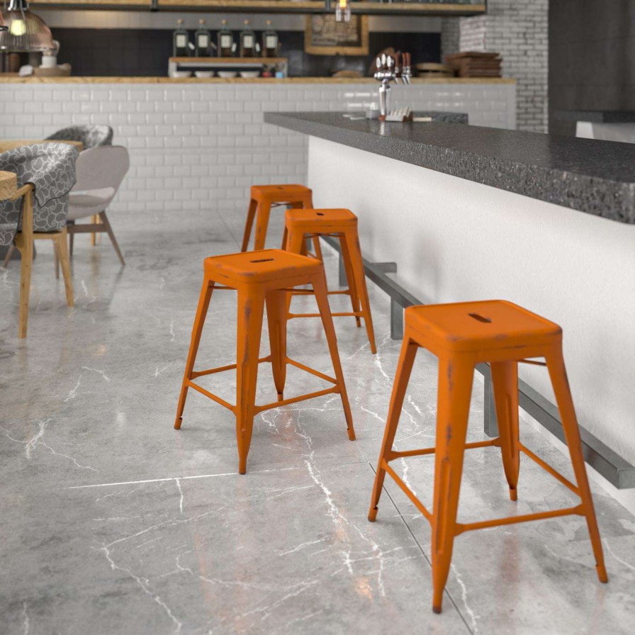 Bar Stools * | Best Reviews Of Counter Height Stools Flash Furniture 24 In. Square Backless Distressed Metal Indoor-Outdoor Counter Height Stool