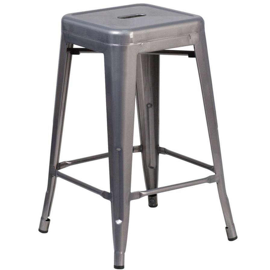 Bar Stools * | Coupon Counter Height Stools Flash Furniture 24 In. High Backless Clear Coated Metal Indoor Counter Stool With Square Seat