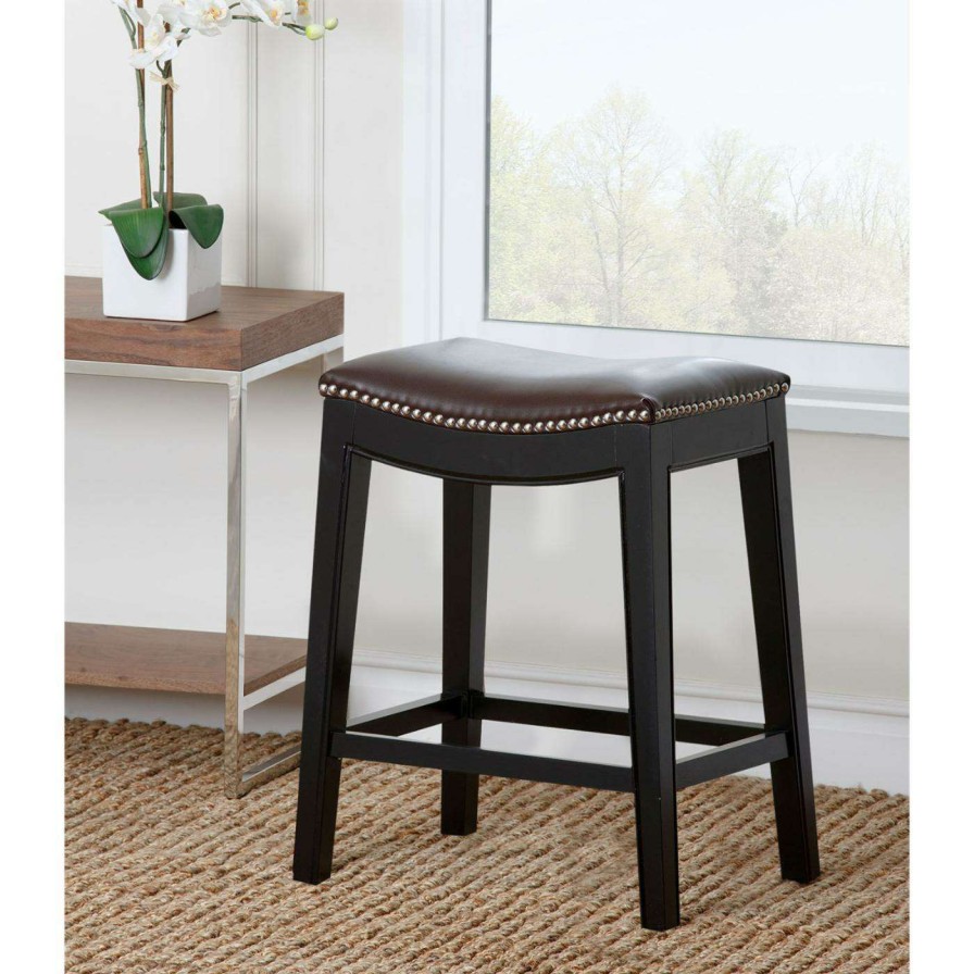 Bar Stools * | Discount Counter Height Stools Abbyson Reagan Dark Brown Leather Nailhead Trim Counter Stool