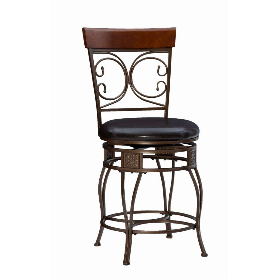 Bar Stools * | Promo Counter Height Stools Powell Back To Back Scroll Big & Tall 25 In. Swivel Counter Stool Dark Bronze With Dark Brown Faux Leather