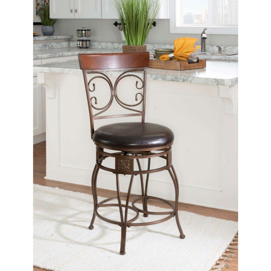 Bar Stools * | Promo Counter Height Stools Powell Back To Back Scroll Big & Tall 25 In. Swivel Counter Stool Dark Bronze With Dark Brown Faux Leather