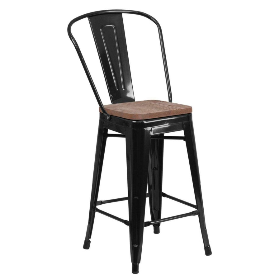 Bar Stools * | Cheap Counter Height Stools Flash Furniture Metal Splat Back 24 In. Wooden Seat Counter Stool