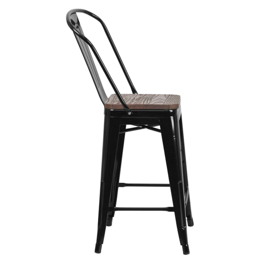 Bar Stools * | Cheap Counter Height Stools Flash Furniture Metal Splat Back 24 In. Wooden Seat Counter Stool