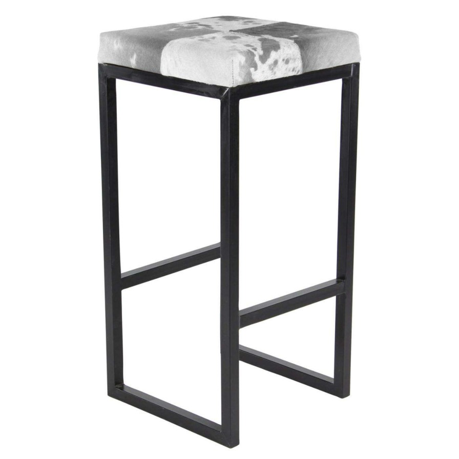 Bar Stools * | Budget Counter Height Stools Decmode 24 In. Iron And Leather Hide Square Black Stool