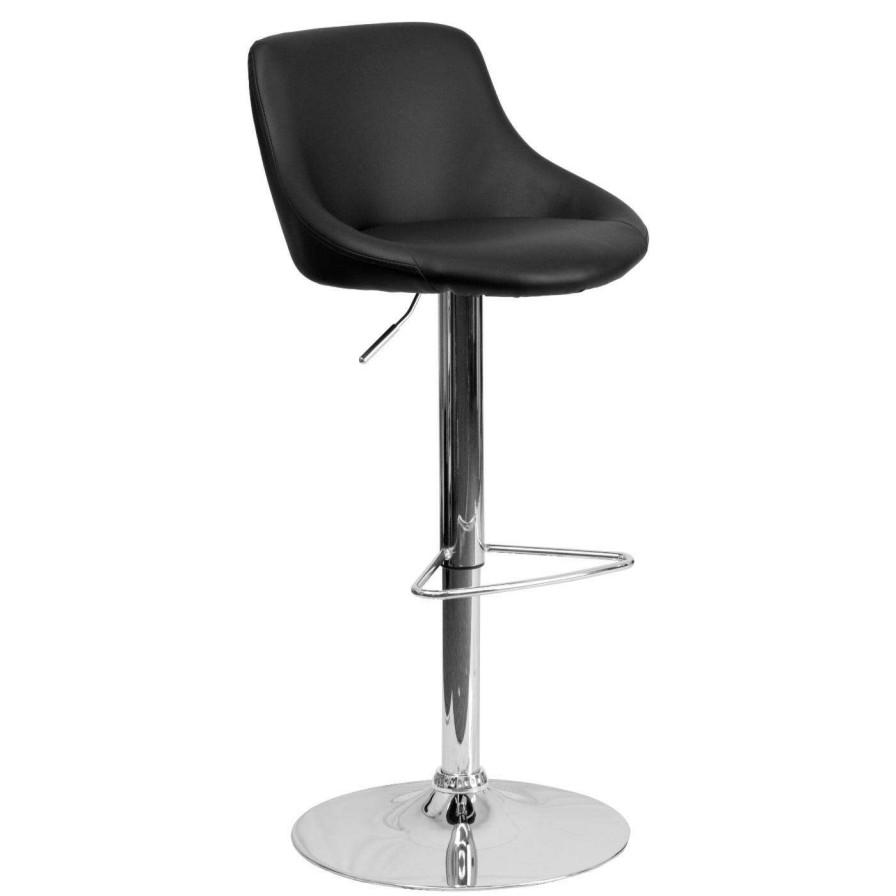 Bar Stools * | Hot Sale Counter Height Stools Flash Furniture Contemporary Bucket Seat Adjustable Vinyl Bar Stool With Chrome Base Black